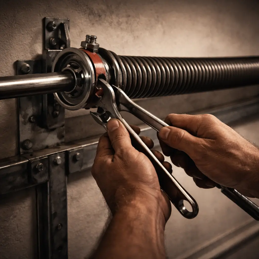 Close-up of technician adjusting garage door torsion spring on metal shaft using winding bar and wrench inside residential garage