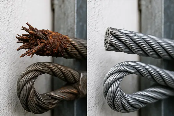 Side-by-side macro comparison of a severely rusted and frayed steel cable versus a newly replaced clean steel cable