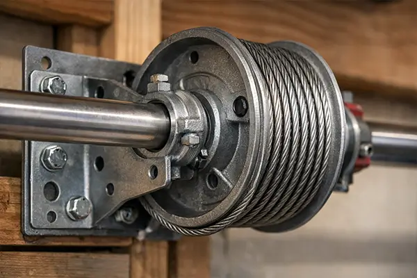 Close-up of garage door cable drum with steel cable wrapped around torsion shaft mechanism