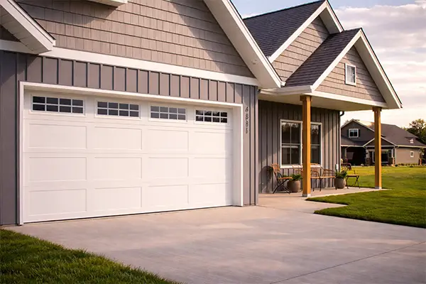 White sectional garage door on a modern suburban home with clean driveway and landscaped lawn