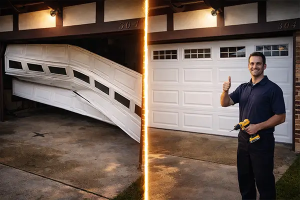 Side by side comparison of damaged garage door with crushed panels and repaired white garage door with technician standing beside it