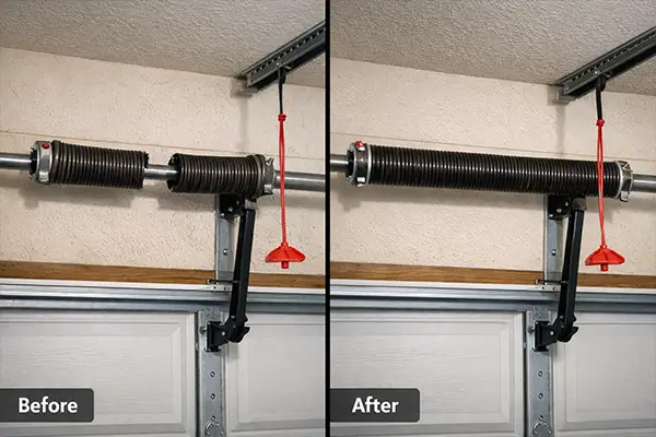 Side by side comparison of damaged garage door with crushed panels and repaired white garage door with technician standing beside it