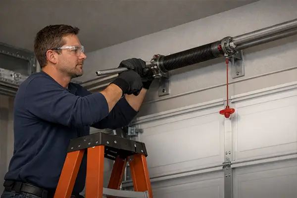 Professional garage door technician adjusting torsion spring using winding bar inside residential garage