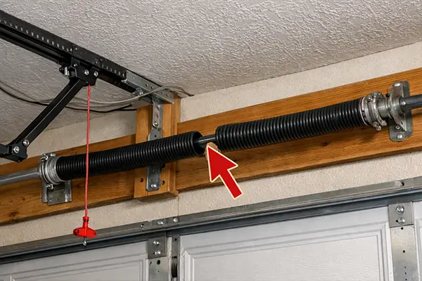 Damaged garage door torsion spring system showing clear break and highlighted problem area