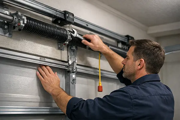 Garage door technician adjusting torsion spring with wrench inside residential garage