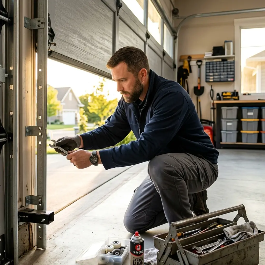 Garage door technician repairing hinge and hardware inside a residential garage using hand tools