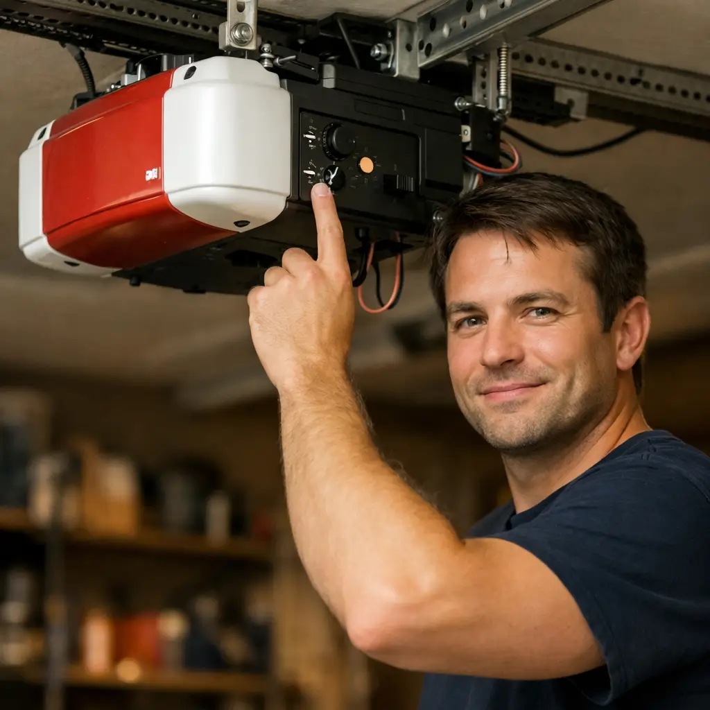 Technician adjusting garage door opener control panel settings