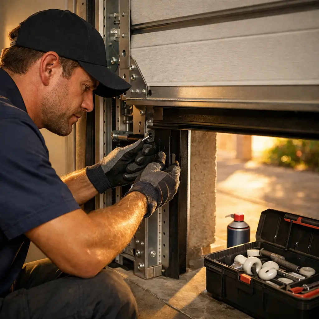 Garage door repair technician fixing track and hardware with tools in clean residential garage