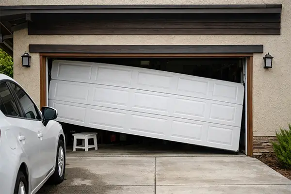 Malfunctioning residential garage door stuck crooked while opening with white car in driveway