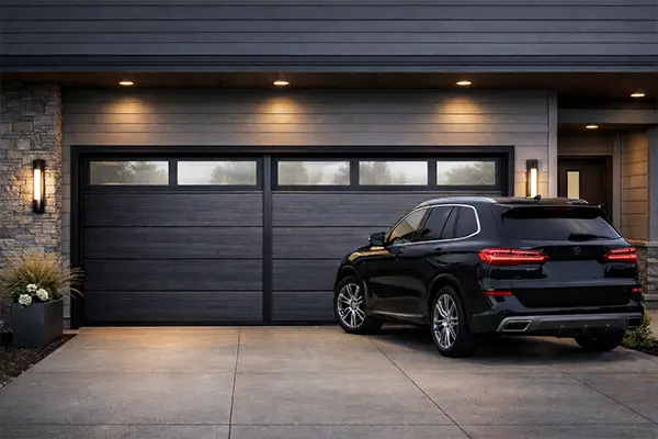 Modern residential garage with sleek dark gray doors and a luxury black SUV parked in the driveway at sunset