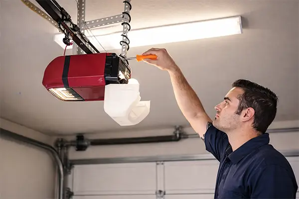 Technician replacing garage door opener light bulb with screwdriver