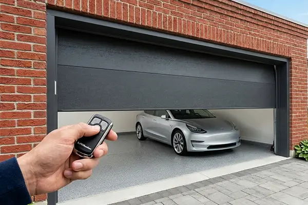 Garage door opener remote activating modern garage door with parked car inside